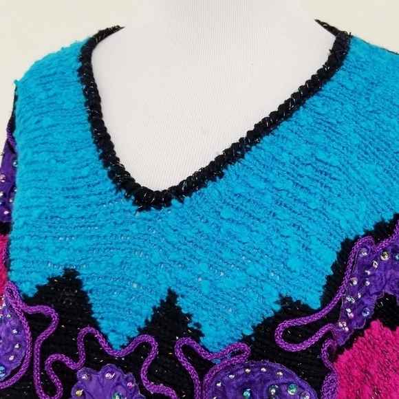 Vintage Ugly Sweater Neon Beaded Sequin Rainbow - Picture 3 of 7